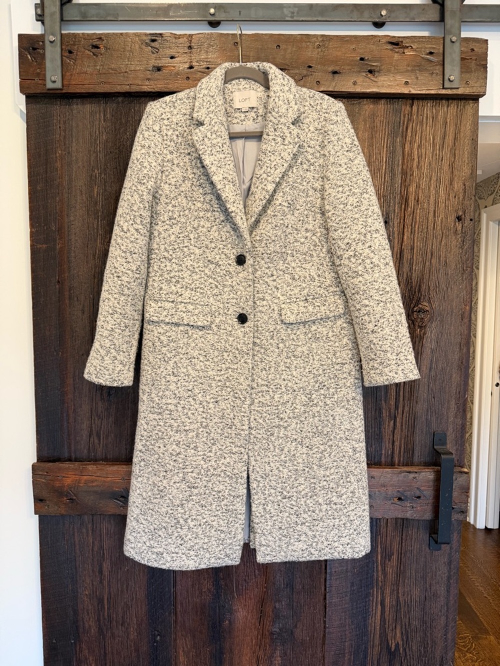 LOFT Cream and Gray Bouclé Button-Front Trench Coat